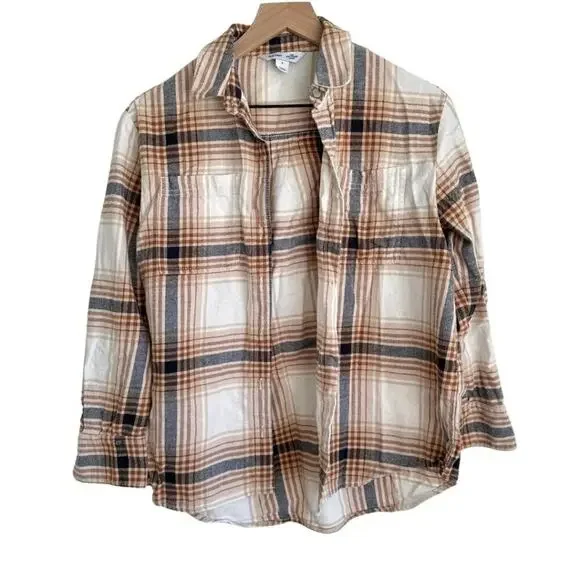 Old Navy Flannel Boyfriend Button-Down Shirt Cream Plaid Small - Picture 3 of 8